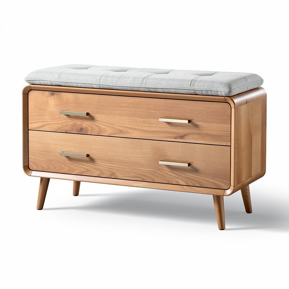 **Moderne houten opbergbank met kussen en lades**