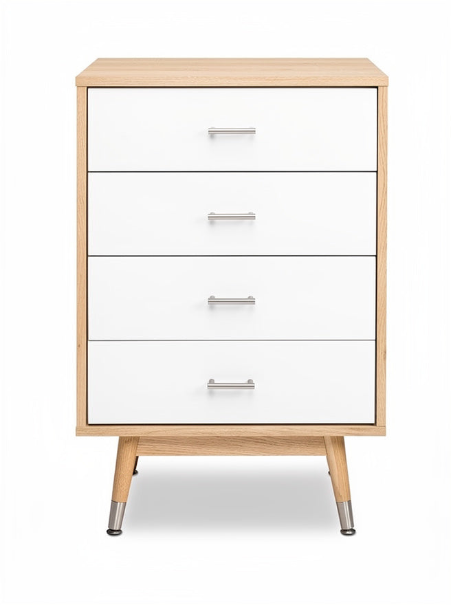 **Technische titel in het Nederlands:** Moderne kast met vier lades en houten poten