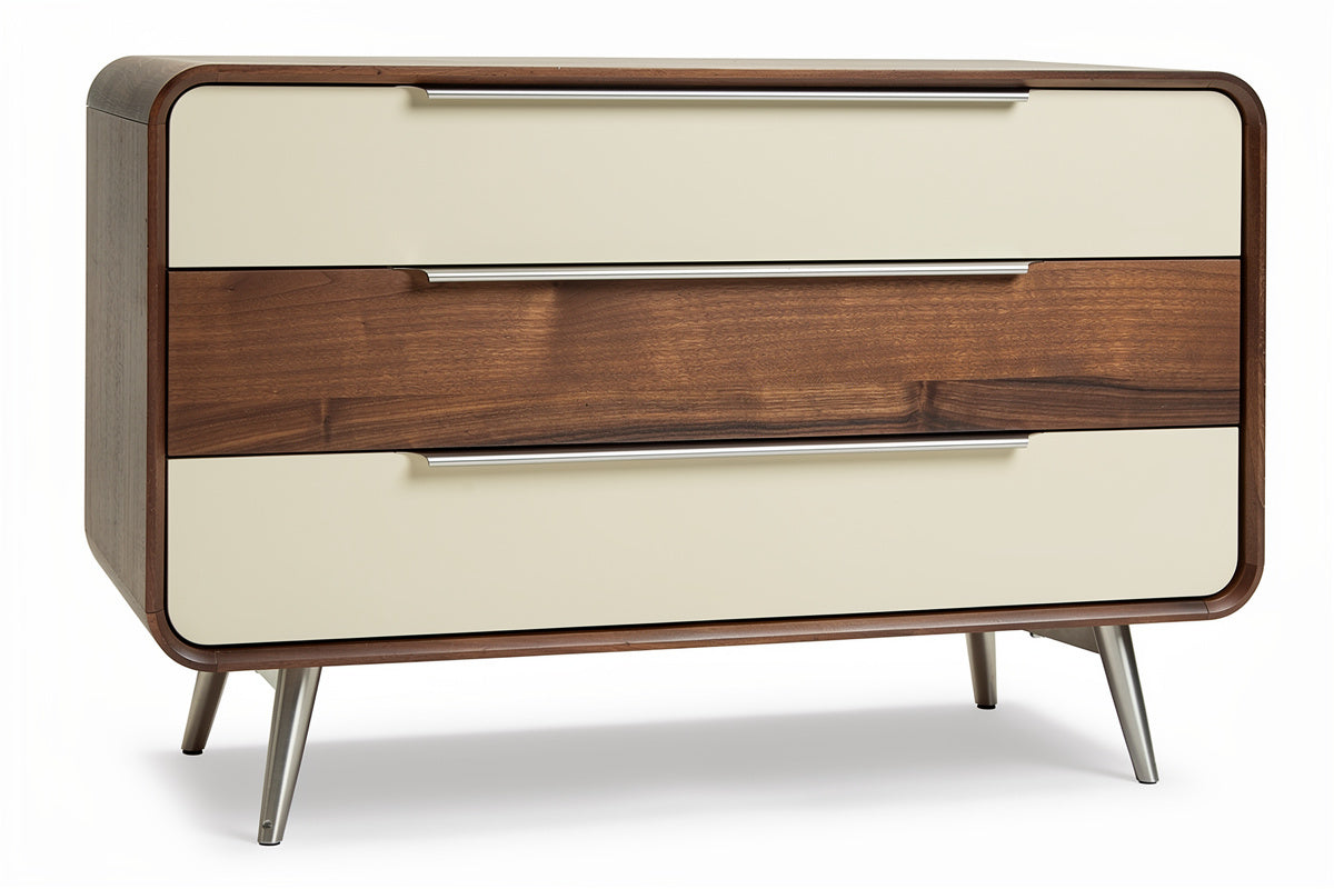 **Technische titel in het Nederlands: Moderne commode met twee kleuren en metalen poten**