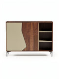**Moderne houten kast met asymmetrische deuren en open planken**