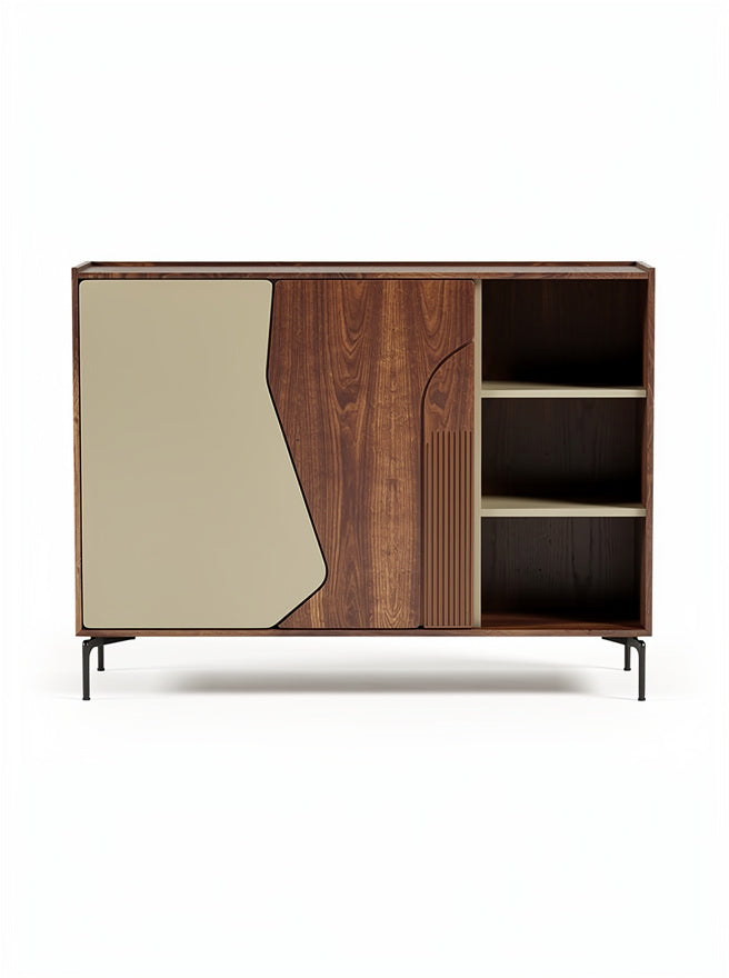 **Moderne houten kast met asymmetrische deuren en open planken**
